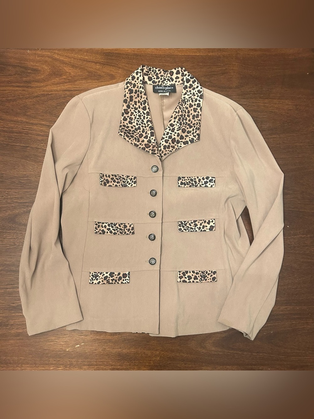 Vintage Beige Blazer with Leopard-Print Trim